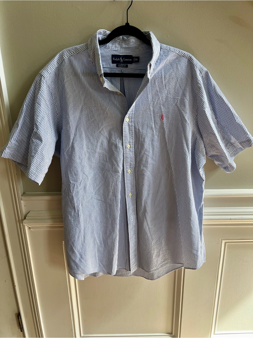 Ralph Lauren Blue and White Seersucker Short-Sleeve Button-Down Shirt